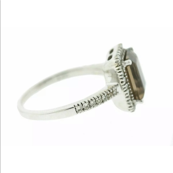 (SIZE 7) 14K White Gold 9x7mm Smokey Quartz Gemstone Diamond Cocktail Ring - Picture 2 of 6